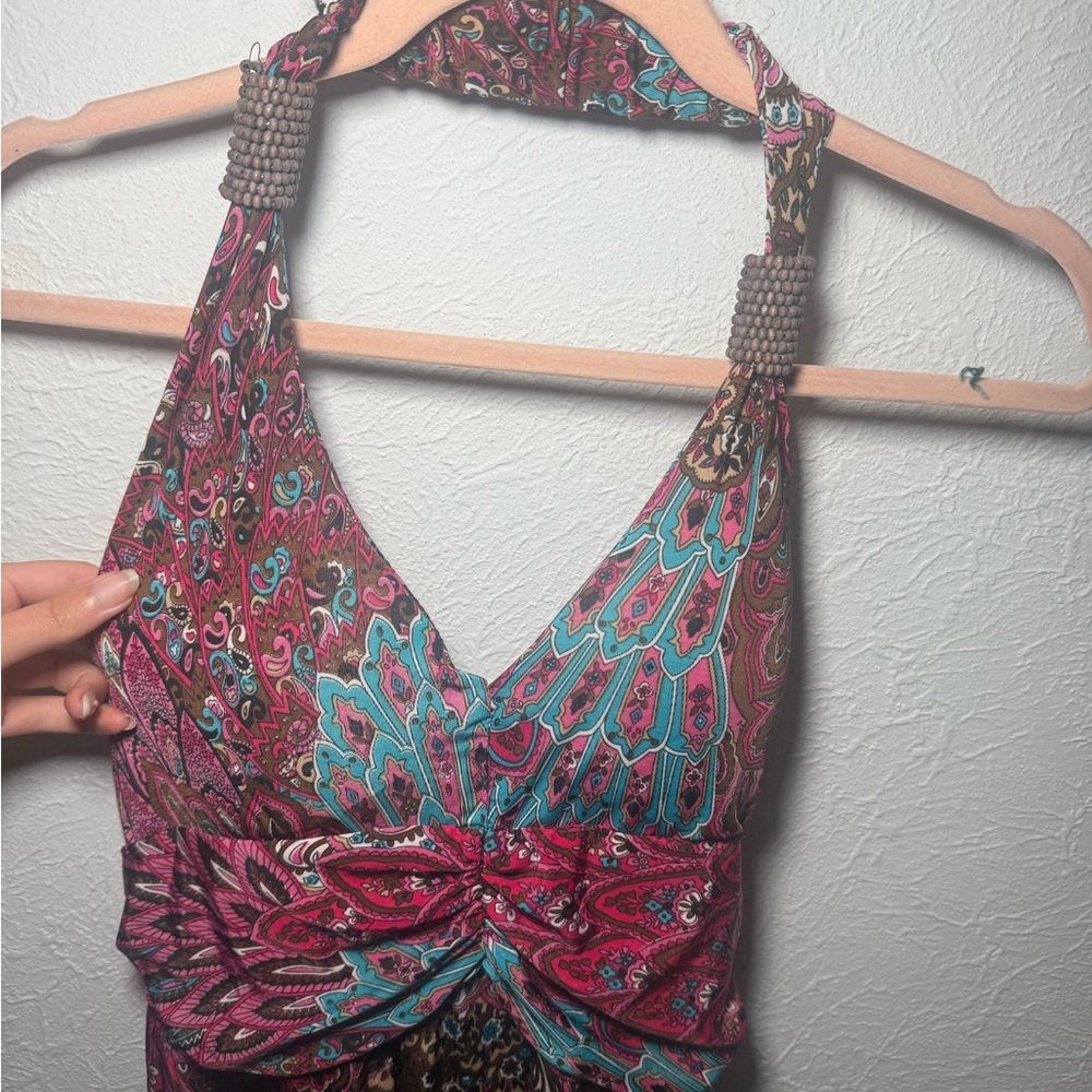 Boho Halter Maxi Dress in Teal & Magenta - Picture 2 of 3